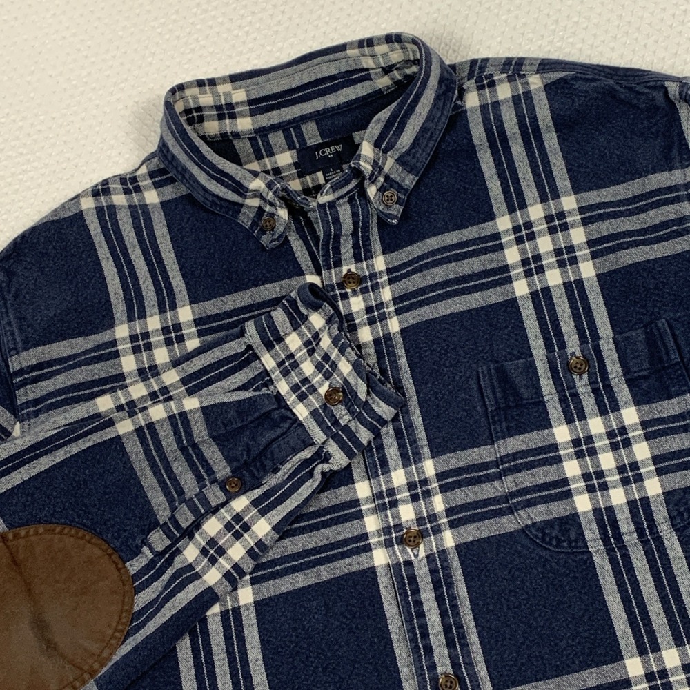 J Crew Suede Elbow Patch Brushed Flannel Shirt Mens Large Navy Plaid Button Up